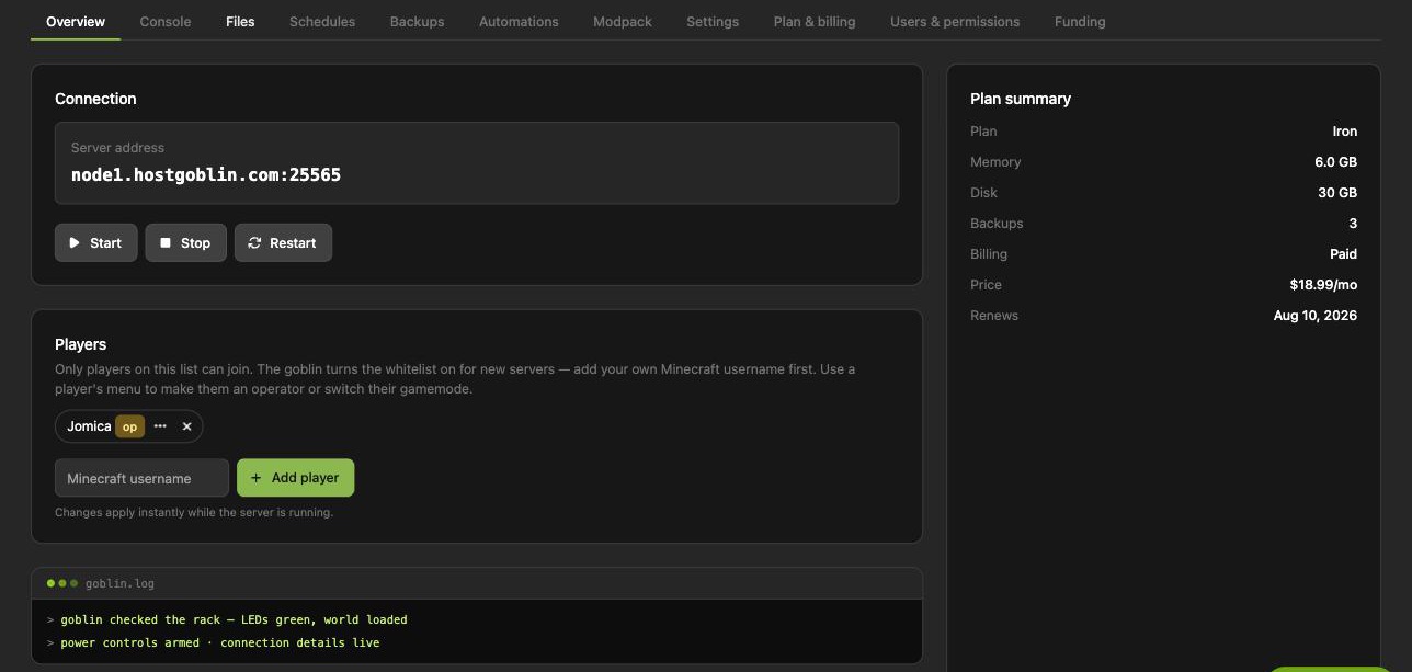The HostGoblin dashboard: connection details, start/stop controls, player whitelist, and plan summary for a Minecraft server