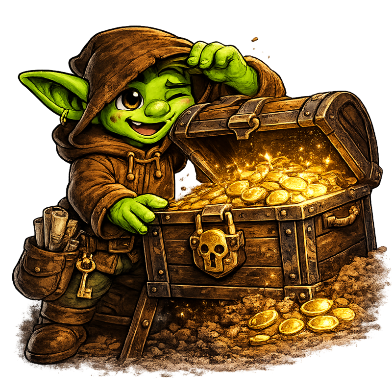 A winking goblin tips his hood beside an open treasure chest overflowing with gold