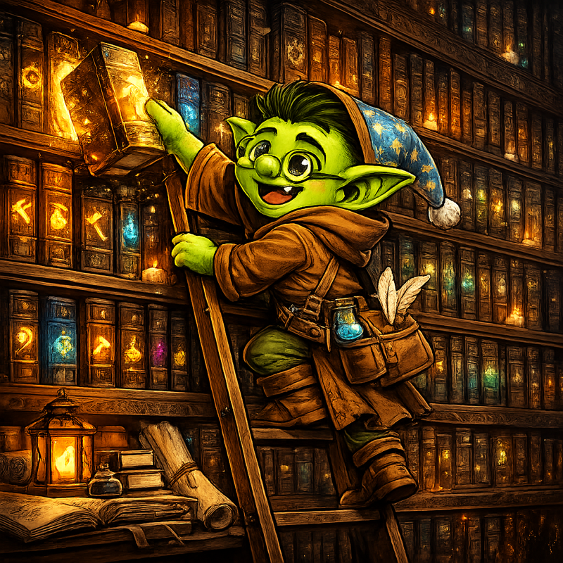 A goblin librarian on a ladder, pulling glowing modpack tomes off a towering shelf