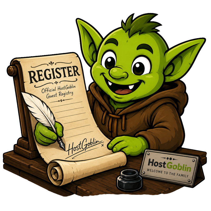 A beaming goblin signing a big guestbook scroll with a feather quill — welcome to the family