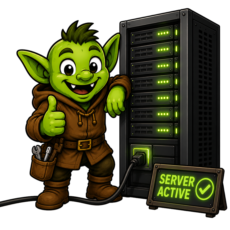 A proud goblin giving a thumbs-up beside a rack of glowing green LEDs, freshly plugged in — SERVER ACTIVE